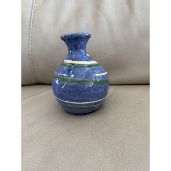 Vtg Earthworks Barbados Studio Art Pottery Bud Vase Blue Green Swirl 5.5in EUC - Picture 4 of 7